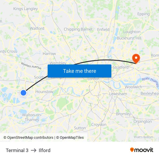 Terminal 3 to Ilford map