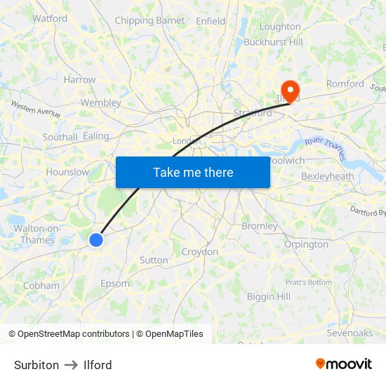 Surbiton to Ilford map