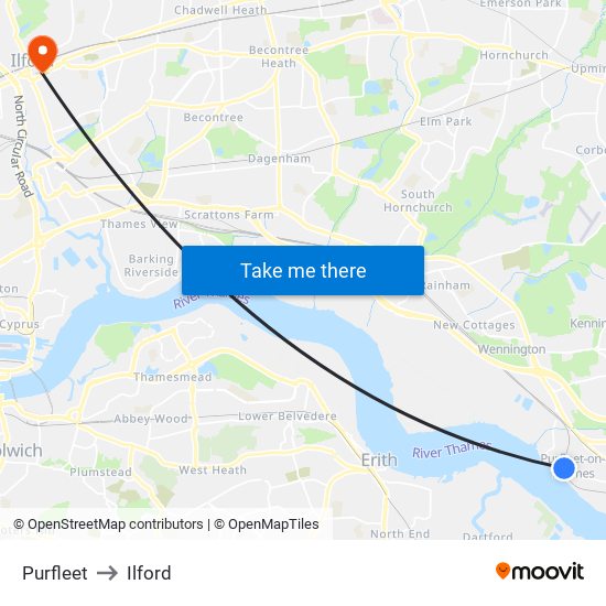 Purfleet to Ilford map