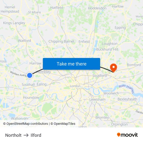 Northolt to Ilford map