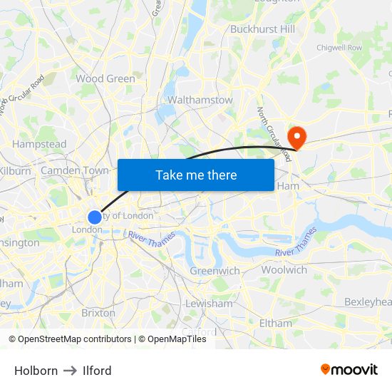 Holborn to Ilford map