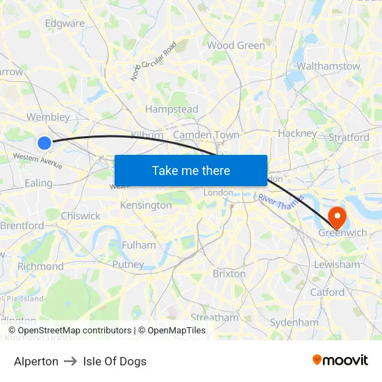 Alperton to Isle Of Dogs map