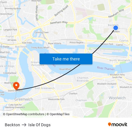 Beckton to Isle Of Dogs map