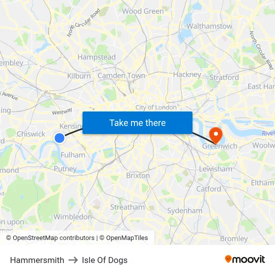 Hammersmith to Isle Of Dogs map