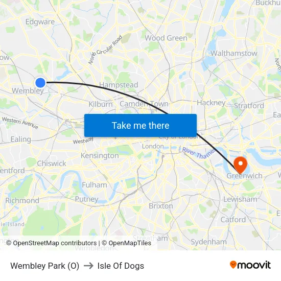 Wembley Park (O) to Isle Of Dogs map