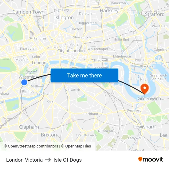 London Victoria to Isle Of Dogs map