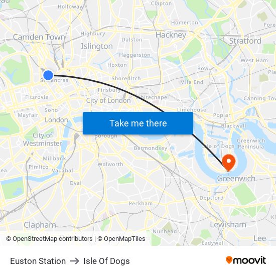 Euston Station to Isle Of Dogs map