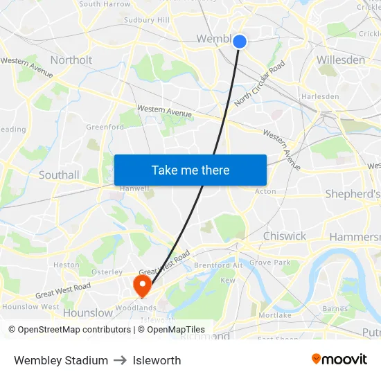 Wembley Stadium to Isleworth map