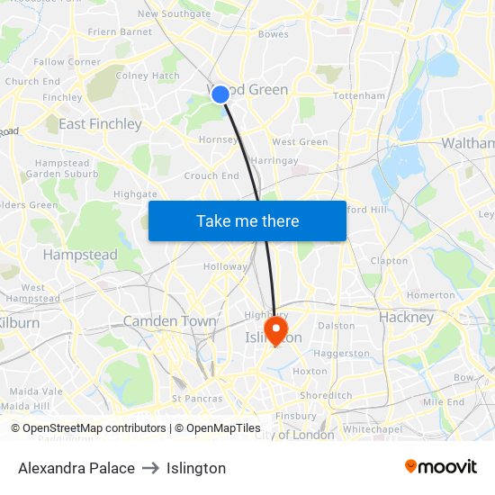 Alexandra Palace to Islington map