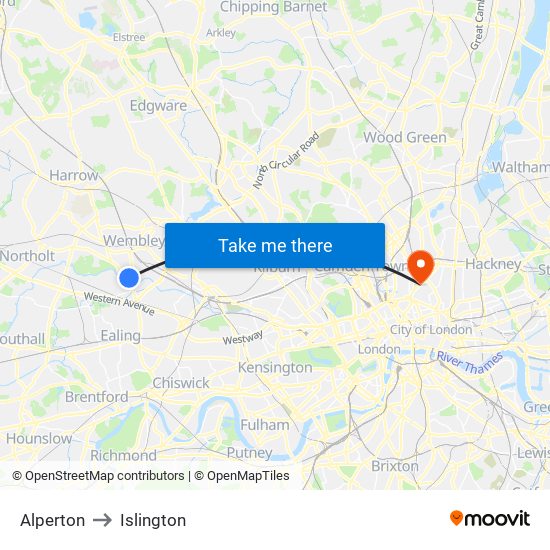 Alperton to Islington map