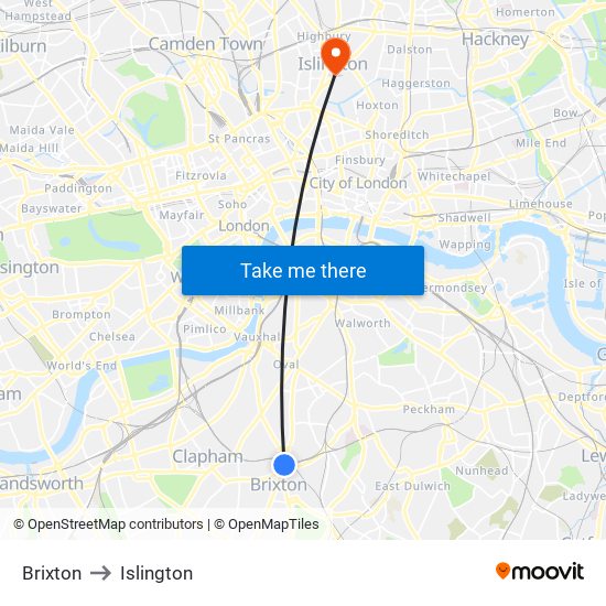Brixton to Islington map