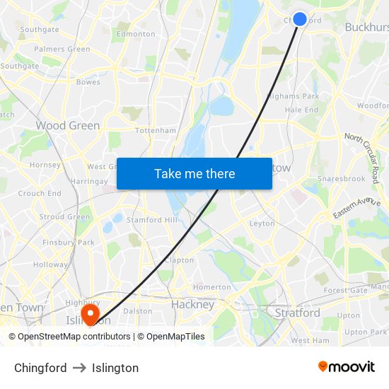 Chingford to Islington map