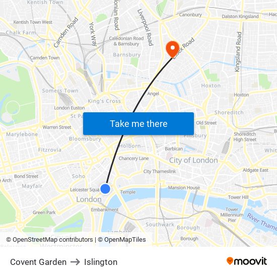 Covent Garden to Islington map