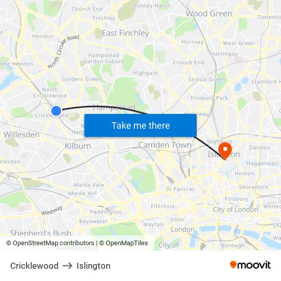 Cricklewood to Islington map