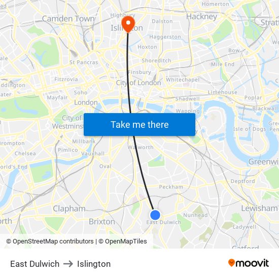 East Dulwich to Islington map