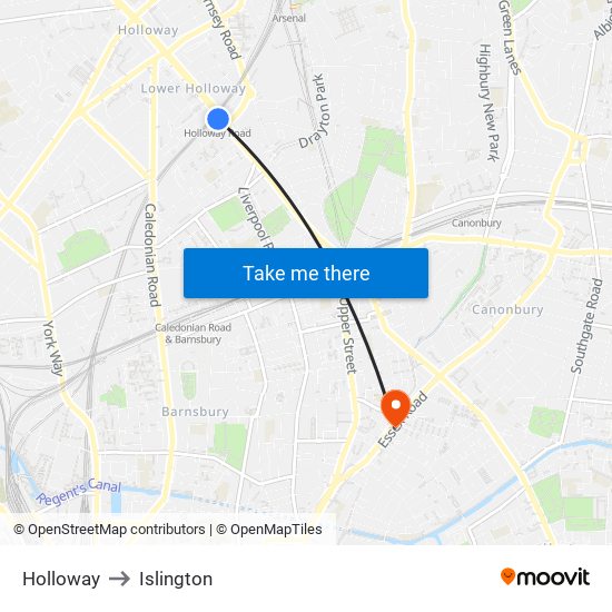 Holloway to Islington map