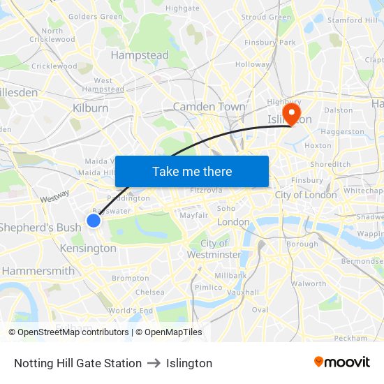 Notting Hill Gate Station to Islington map