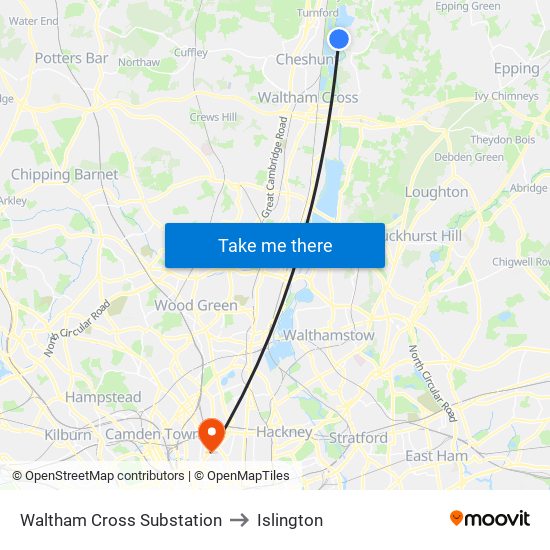 Waltham Cross Substation to Islington map