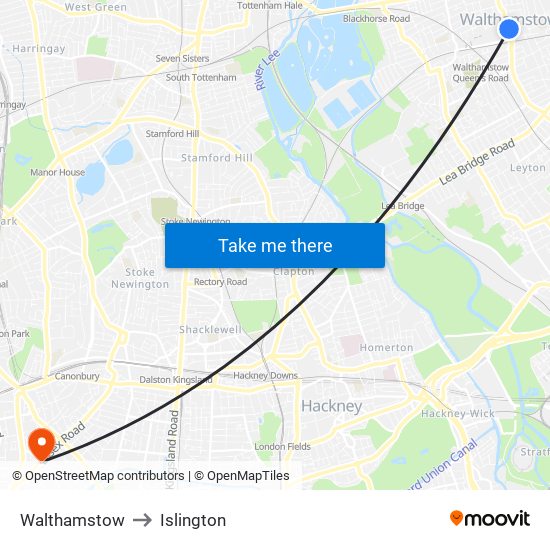 Walthamstow to Islington map