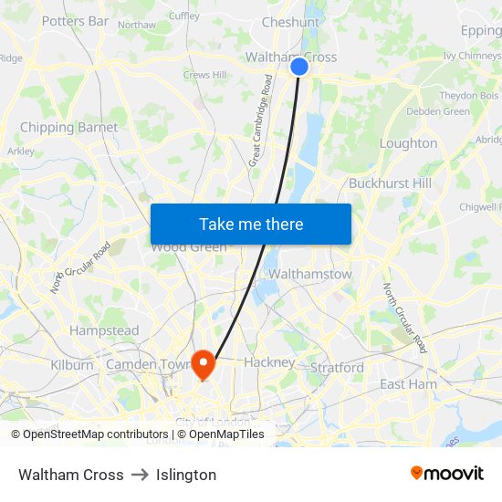 Waltham Cross to Islington map