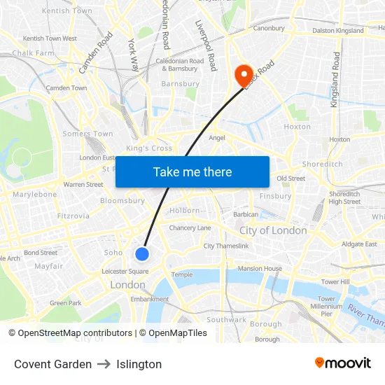 Covent Garden to Islington map