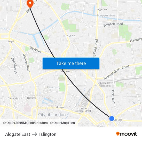 Aldgate East to Islington map