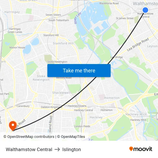 Walthamstow Central to Islington map
