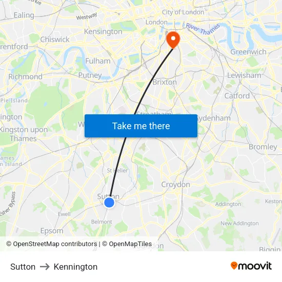 Sutton to Kennington map