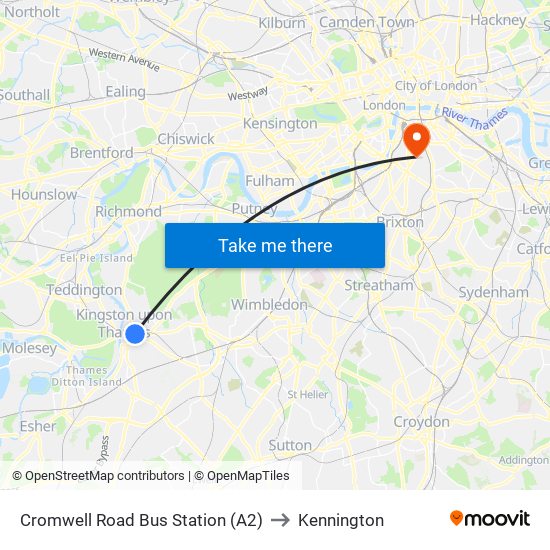 Cromwell Road Bus Station (A2) to Kennington map