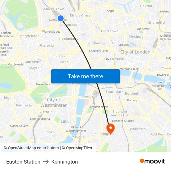 Euston Station to Kennington map