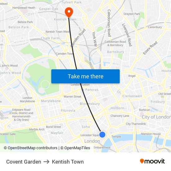 Covent Garden to Kentish Town map