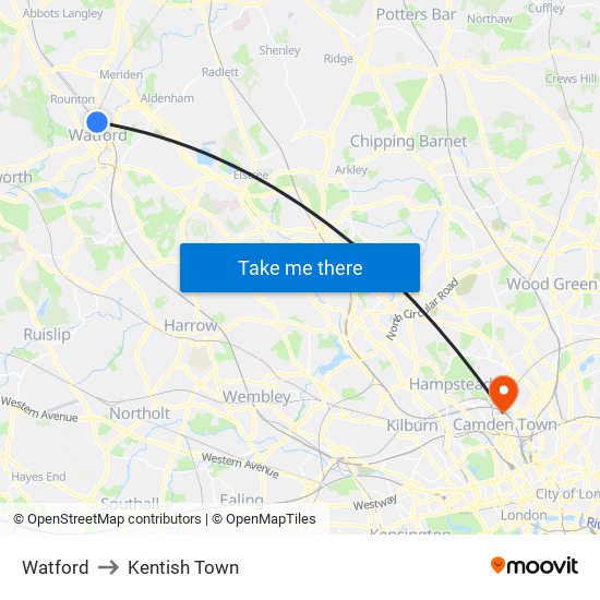 Watford to Kentish Town map