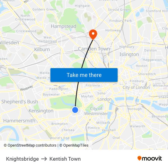 Knightsbridge to Kentish Town map