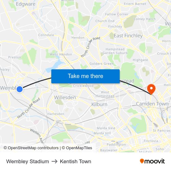 Wembley Stadium to Kentish Town map