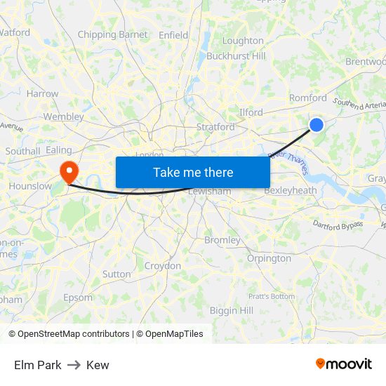 Elm Park to Kew map