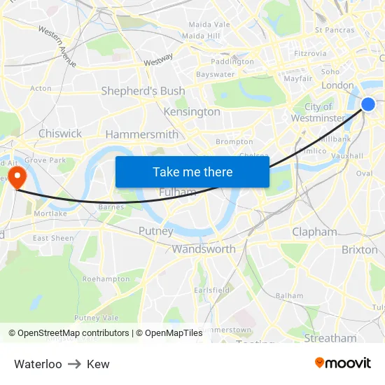 Waterloo to Kew map