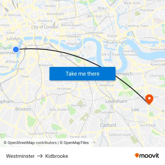 Westminster to Kidbrooke map