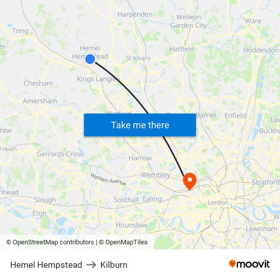 Hemel Hempstead to Kilburn map