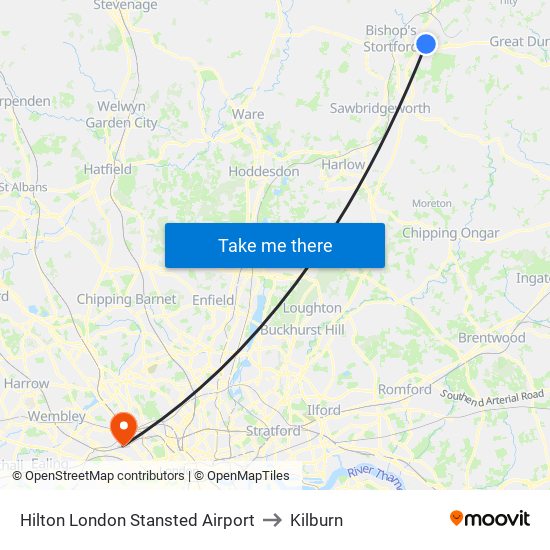 Hilton London Stansted Airport to Kilburn map