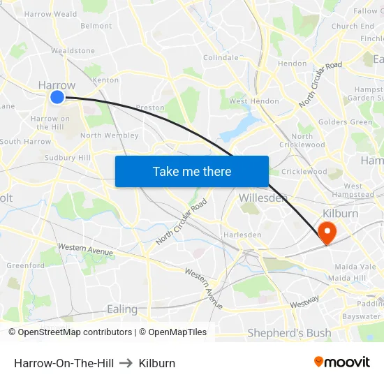 Harrow-On-The-Hill to Kilburn map