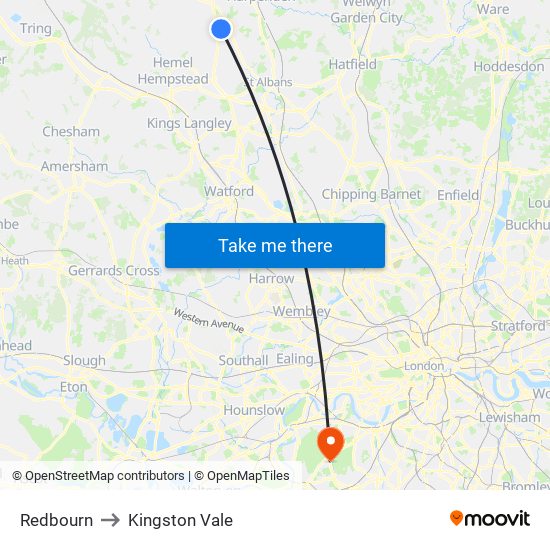 Redbourn to Kingston Vale map