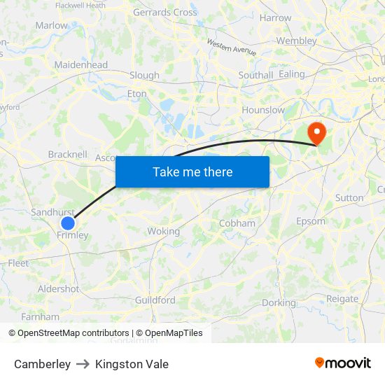 Camberley to Kingston Vale map