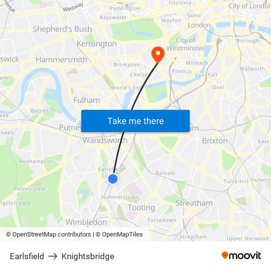 Earlsfield to Knightsbridge map