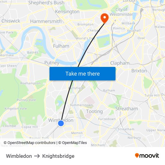 Wimbledon to Knightsbridge map