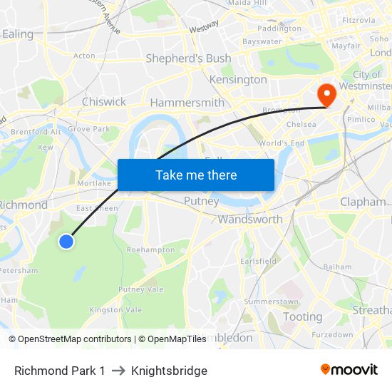 Richmond Park 1 to Knightsbridge map