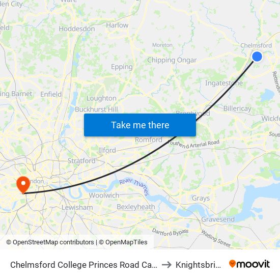 Chelmsford College Princes Road Campus to Knightsbridge map