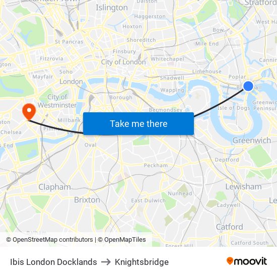 Ibis London Docklands to Knightsbridge map