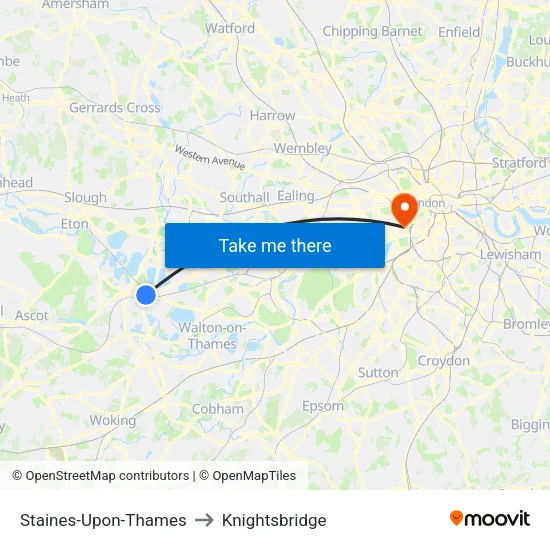 Staines-Upon-Thames to Knightsbridge map
