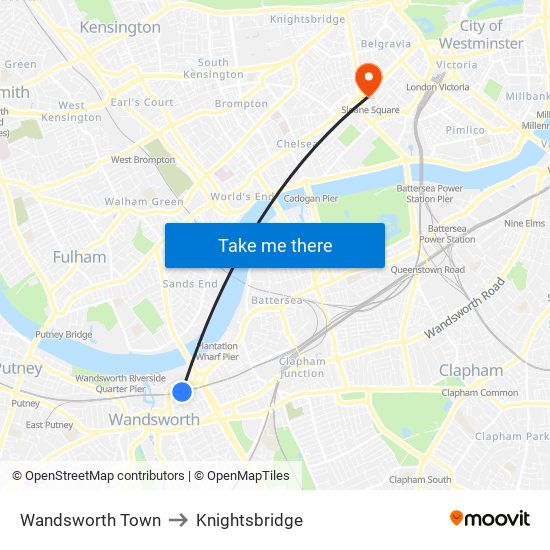 Wandsworth Town to Knightsbridge map