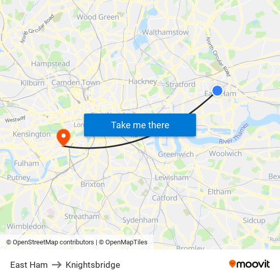 East Ham to Knightsbridge map